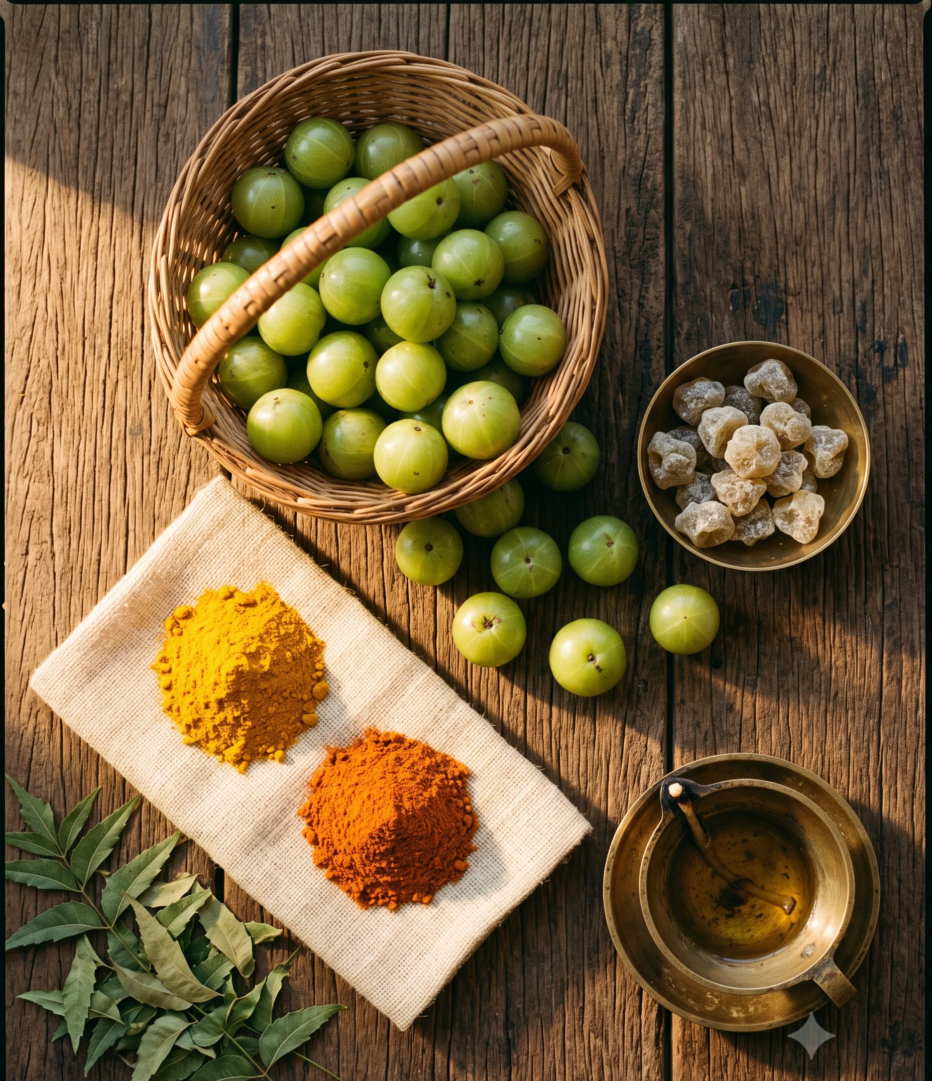 Organic Amla, turmeric, chilli powder and traditional brass utensils from Sarvadnya Krushi Foods